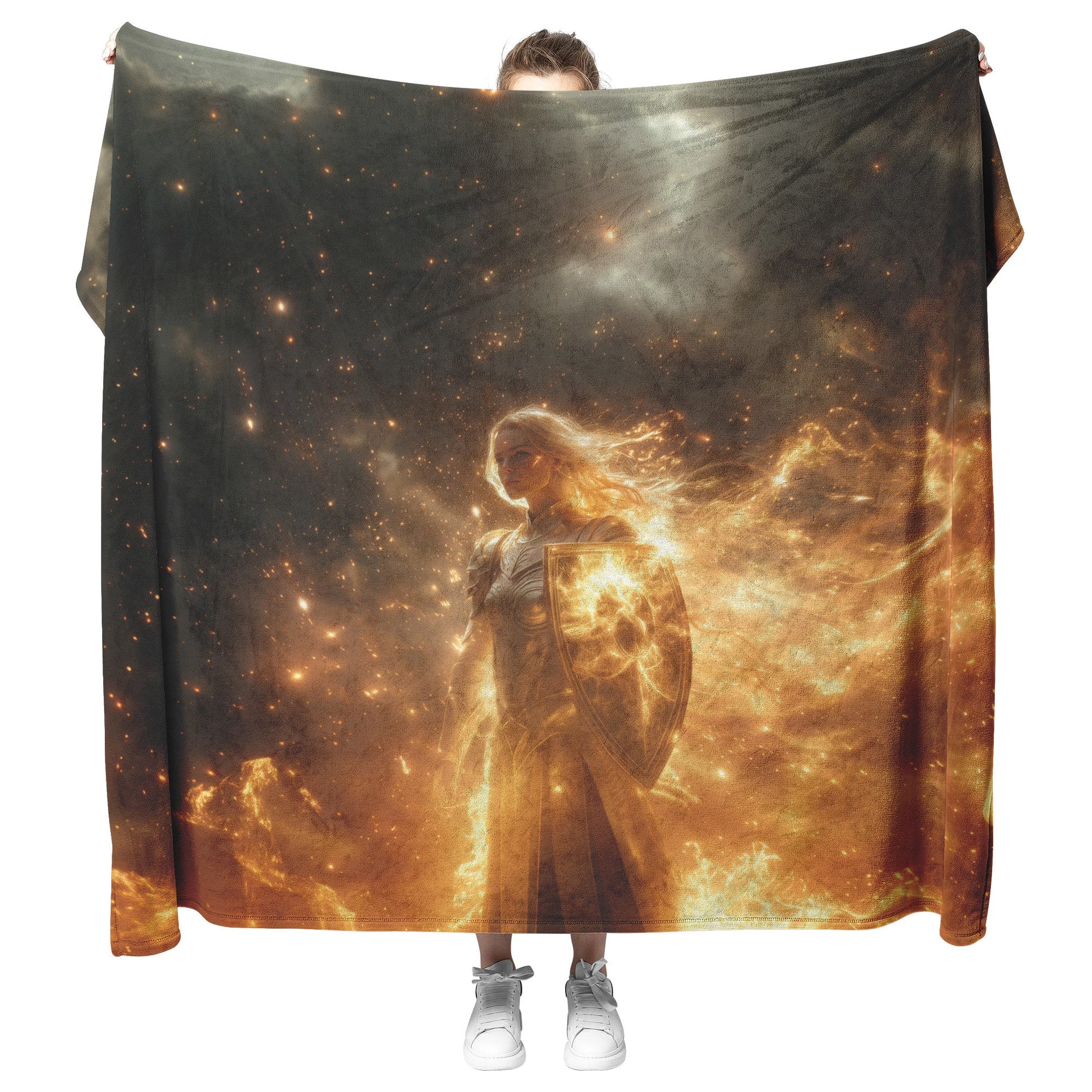 Blood Elf Paladin Fleece Sherpa Blanket Sunlit Temple Golden Armor Light Rays Radiant Accents Peaceful Powerful WoW Design - Awakening Righteousness