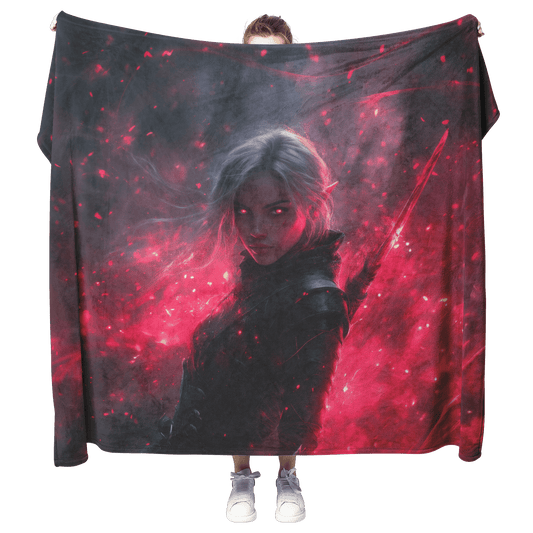 Blood Elf Rogue Fleece Sherpa Blanket Black Leather Red Daggers Mist Light Trails Bold Stealthy WoW Design - Awakening Righteousness