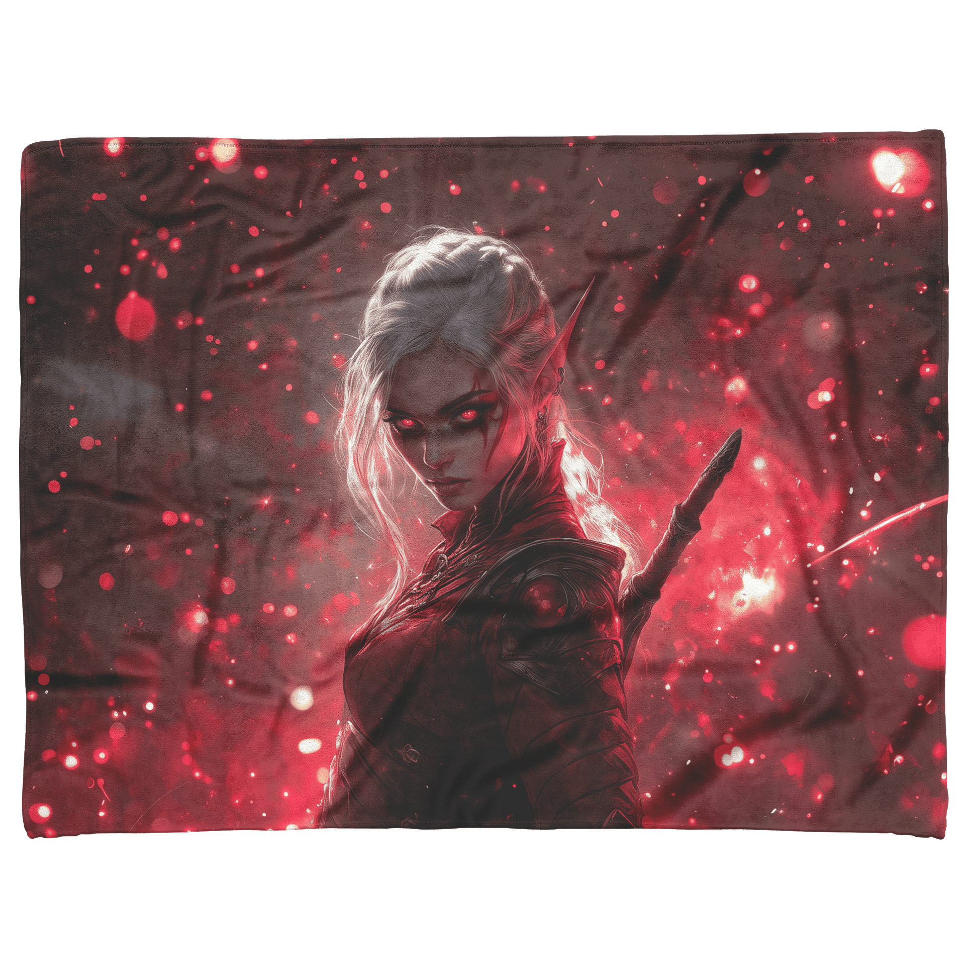 Blood Elf Rogue Fleece Sherpa Blanket Crimson Blades Shimmering Stars Radiant Reflections Bold Powerful WoW Design - Awakening Righteousness