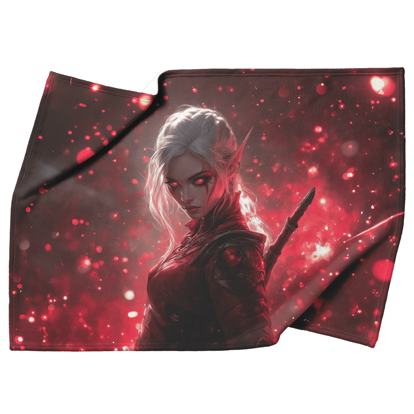 Blood Elf Rogue Fleece Sherpa Blanket Crimson Blades Shimmering Stars Radiant Reflections Bold Powerful WoW Design - Awakening Righteousness