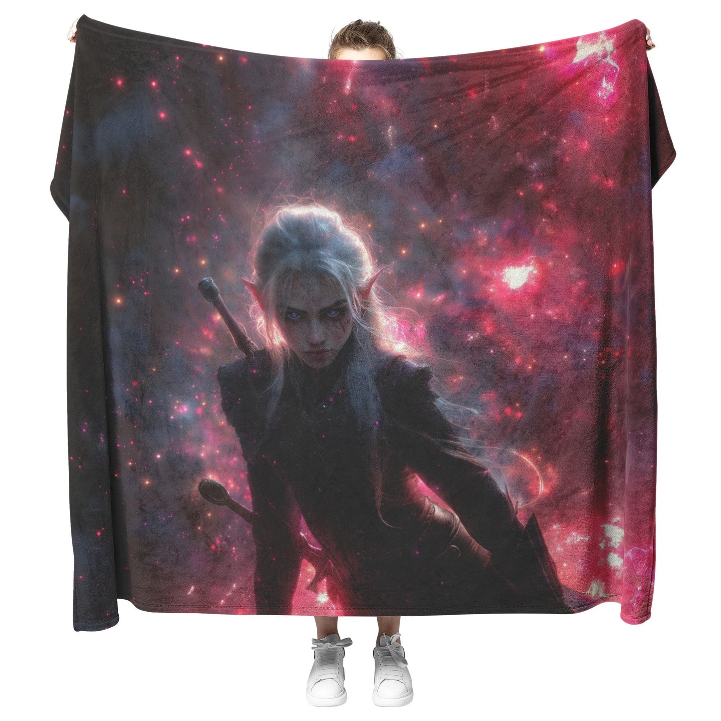 Blood Elf Rogue Fleece Sherpa Blanket Dual Daggers Cosmic Textures Shimmering Stars Bold Inspiring WoW Design - Awakening Righteousness