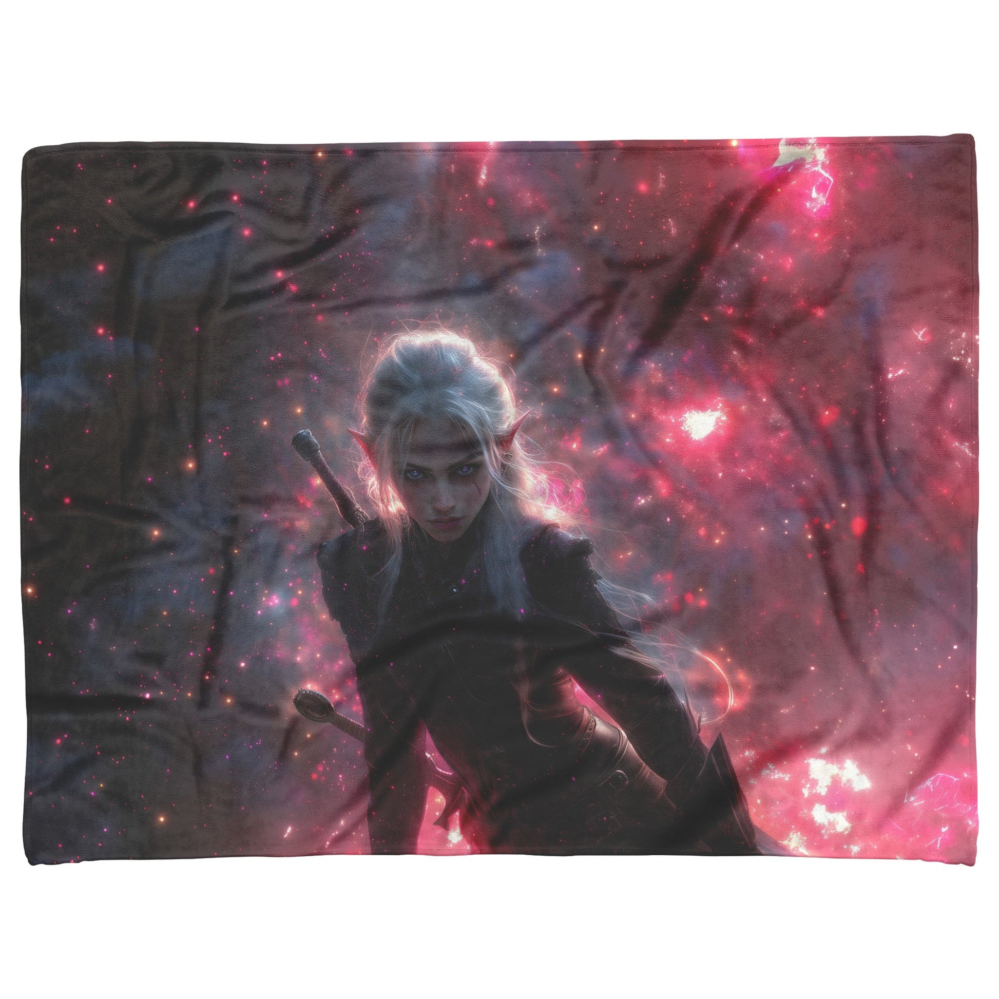 Blood Elf Rogue Fleece Sherpa Blanket Dual Daggers Cosmic Textures Shimmering Stars Bold Inspiring WoW Design - Awakening Righteousness