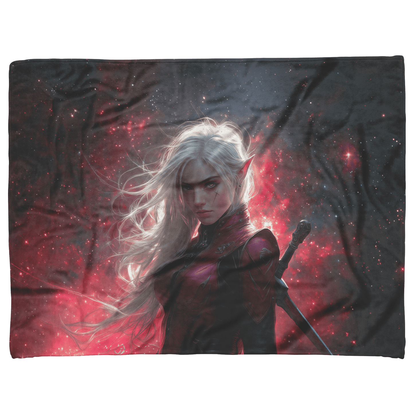 Blood Elf Rogue Fleece Sherpa Blanket Dual Daggers Shimmering Stars Cosmic Textures Bold Inspiring WoW Design - Awakening Righteousness