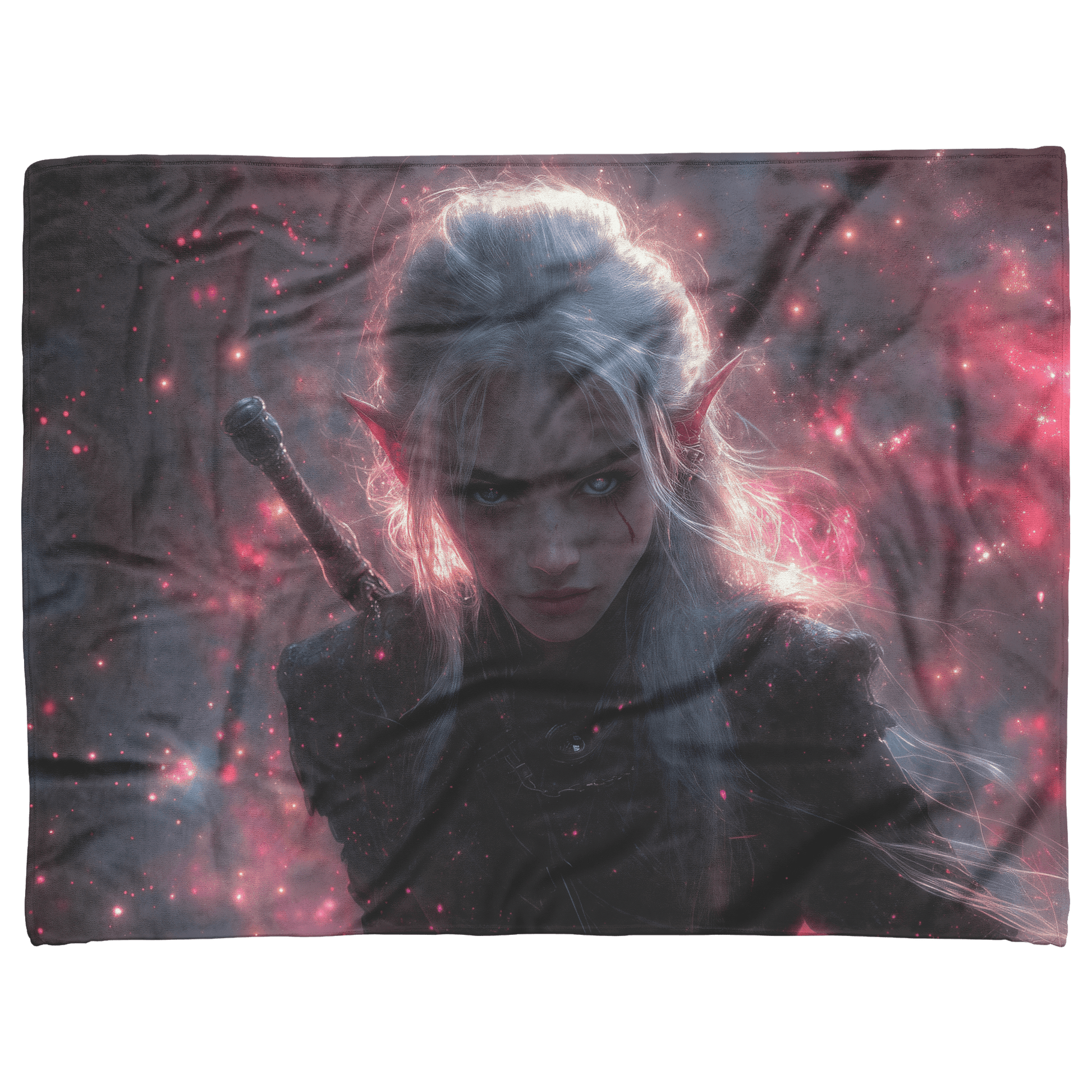 Blood Elf Rogue Fleece Sherpa Blanket Dual Daggers Shimmering Stars Cosmic Textures Bold Inspiring WoW Design - Awakening Righteousness