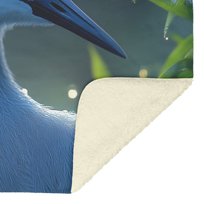 Blue Crane with Red Feathers in Sunlit Greenery Cozy Fleece Sherpa Blanket - Awakening Righteousness