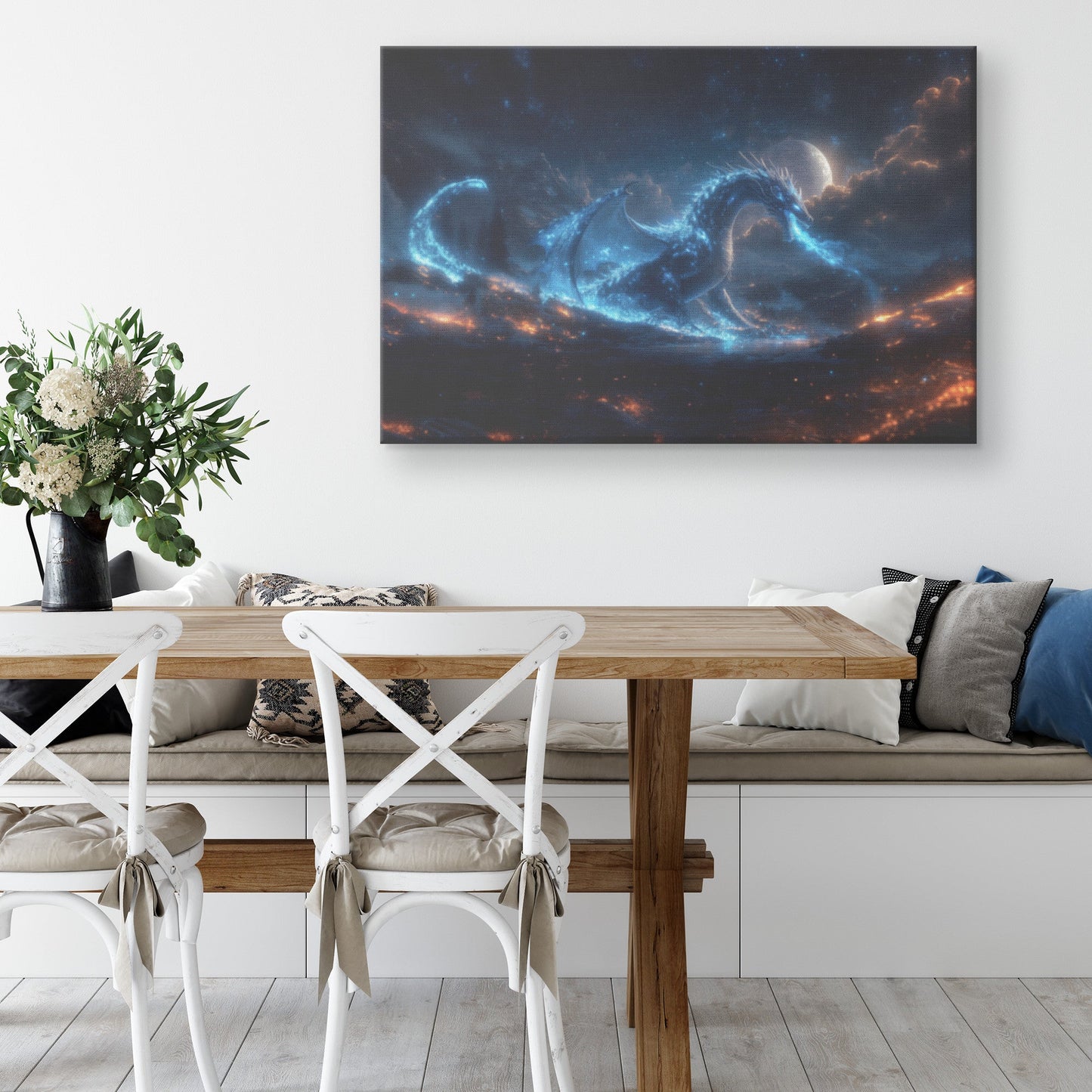 Blue Dragon Breathing Blue Fire in Bioluminescent Forest Under Full Moon with Silver Scales Canvas Wall Art Decor - Awakening Righteousness