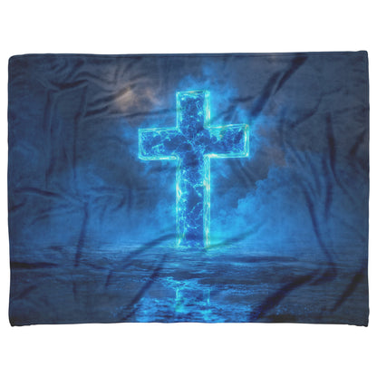 Blue Radiant Cross Fleece Sherpa Blanket Mystical Glow Design Christian Art Cozy Inspirational Home Gift - Awakening Righteousness