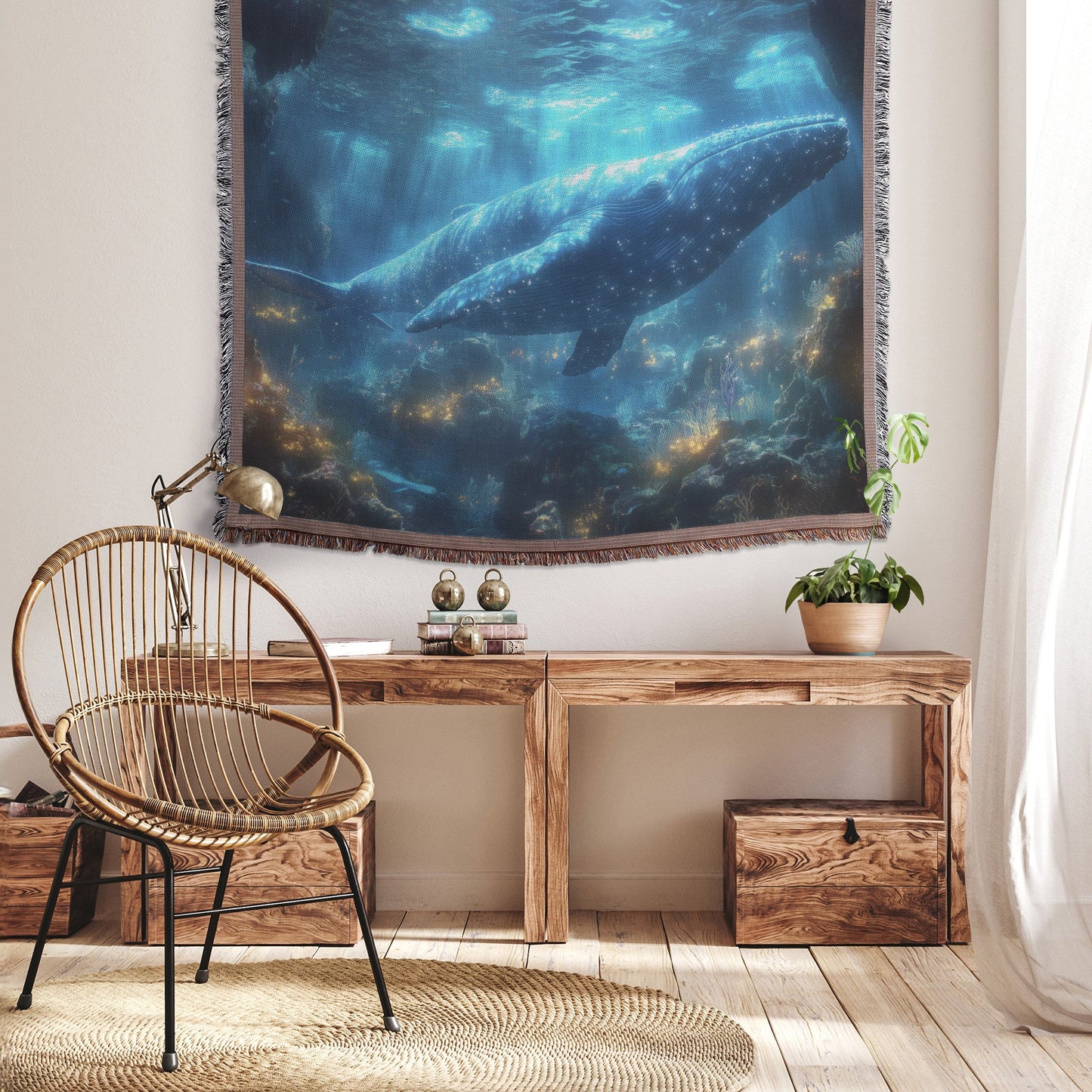 Blue Whale Resting Peacefully in Glowing Deep Sea Cave Surrounded by Bioluminescent Plants and Soft Ethereal Light Woven Throw Blanket - Awakening Righteousness