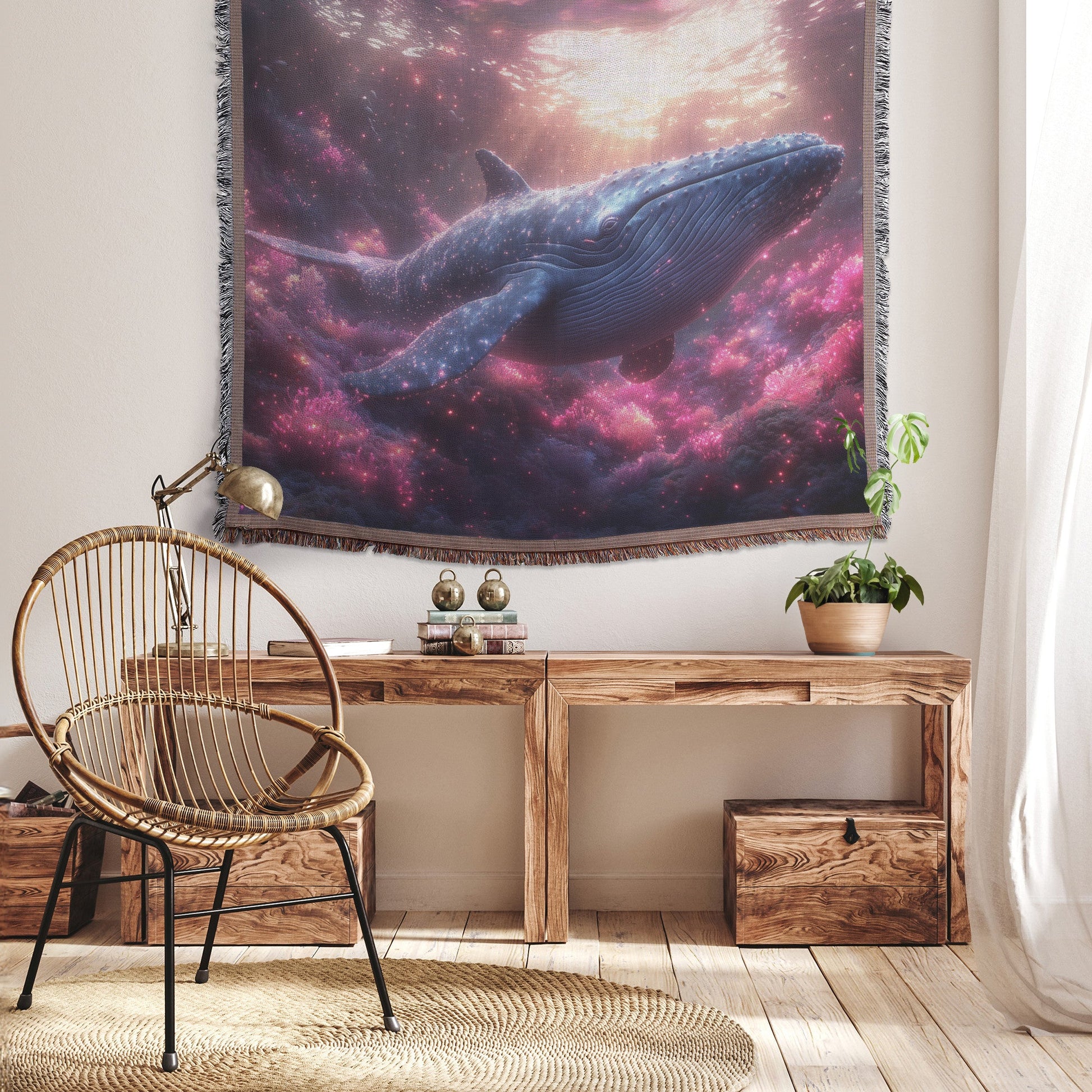 Blue Whale Resting Peacefully in Glowing Deep Sea Cave Surrounded by Bioluminescent Plants and Soft Ethereal Light Woven Throw Blanket - Awakening Righteousness