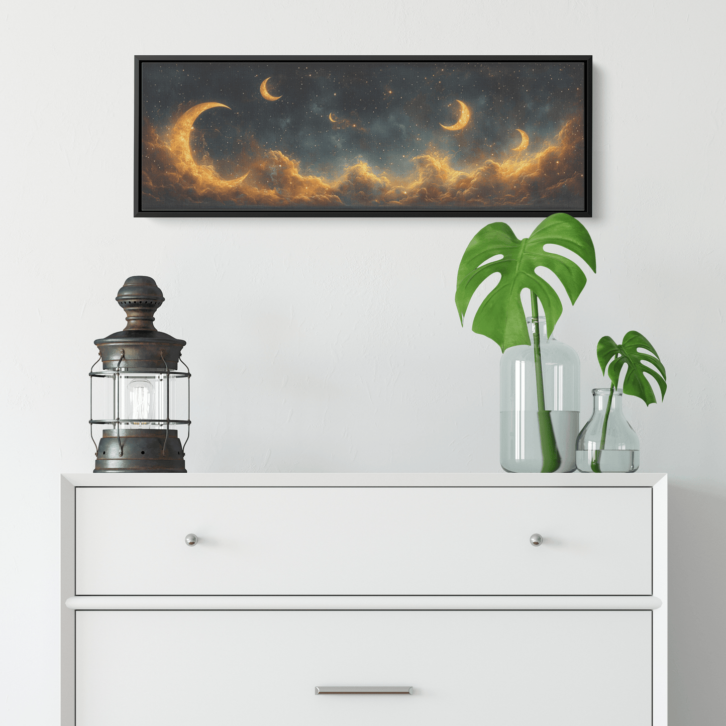 Boho Celestial Crescent Moons Starry Swirls Pastel Earth Tones Ultra High Definition Modern Panoramic Framed Canvas Wall Art - Awakening Righteousness