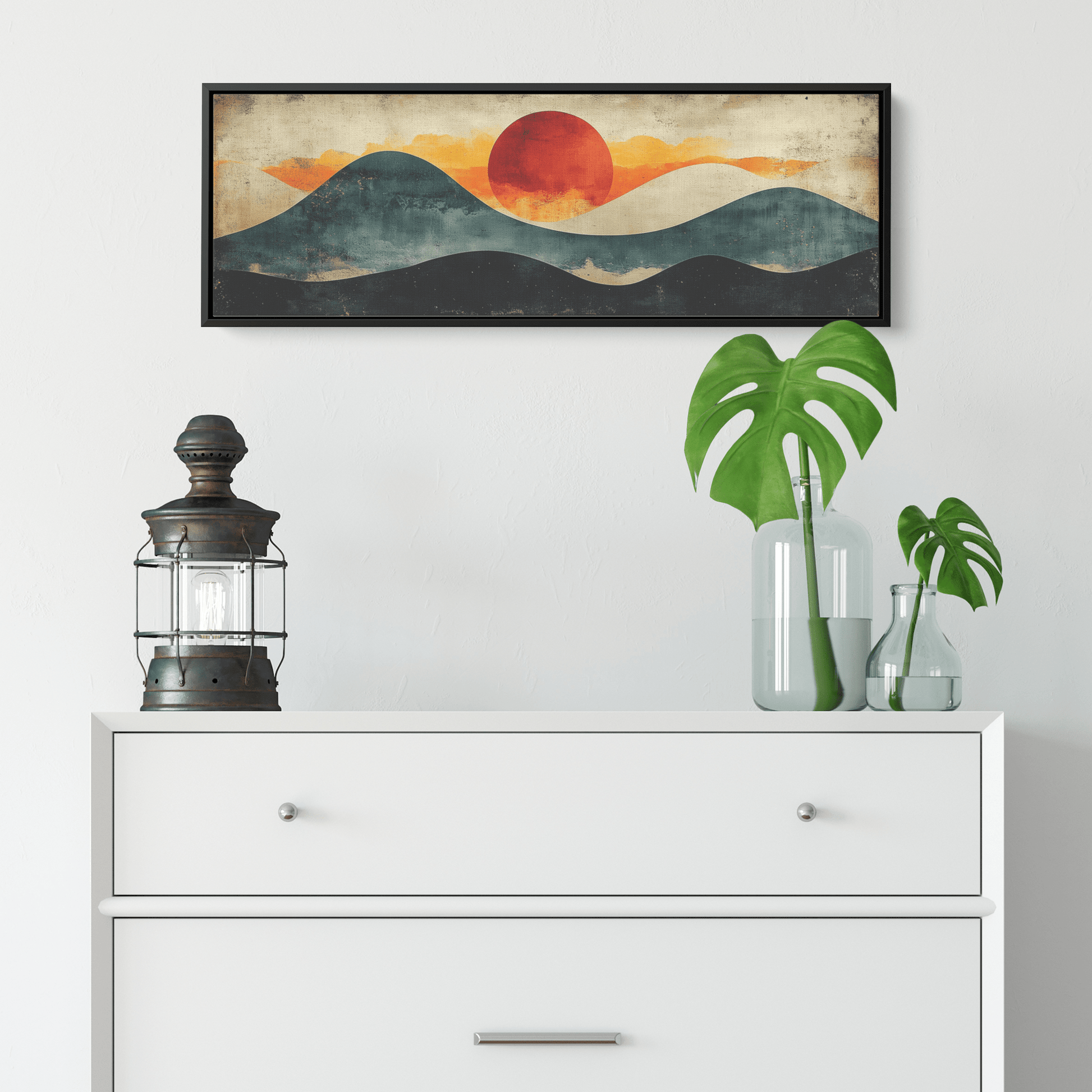 Bold Abstract Artwork Asymmetrical Shapes Muted Rust Ivory Olive Tones Ultra High Definition Mid Century Modern Boho Panoramic Framed Canvas Wall Art - Awakening Righteousness