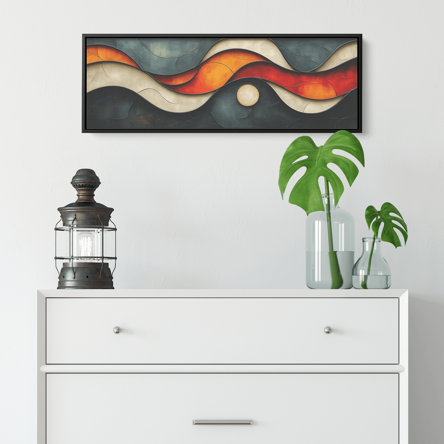 Bold Abstract Artwork Asymmetrical Shapes Muted Rust Ivory Olive Tones Ultra High Definition Mid Century Modern Boho Panoramic Framed Canvas Wall Art - Awakening Righteousness