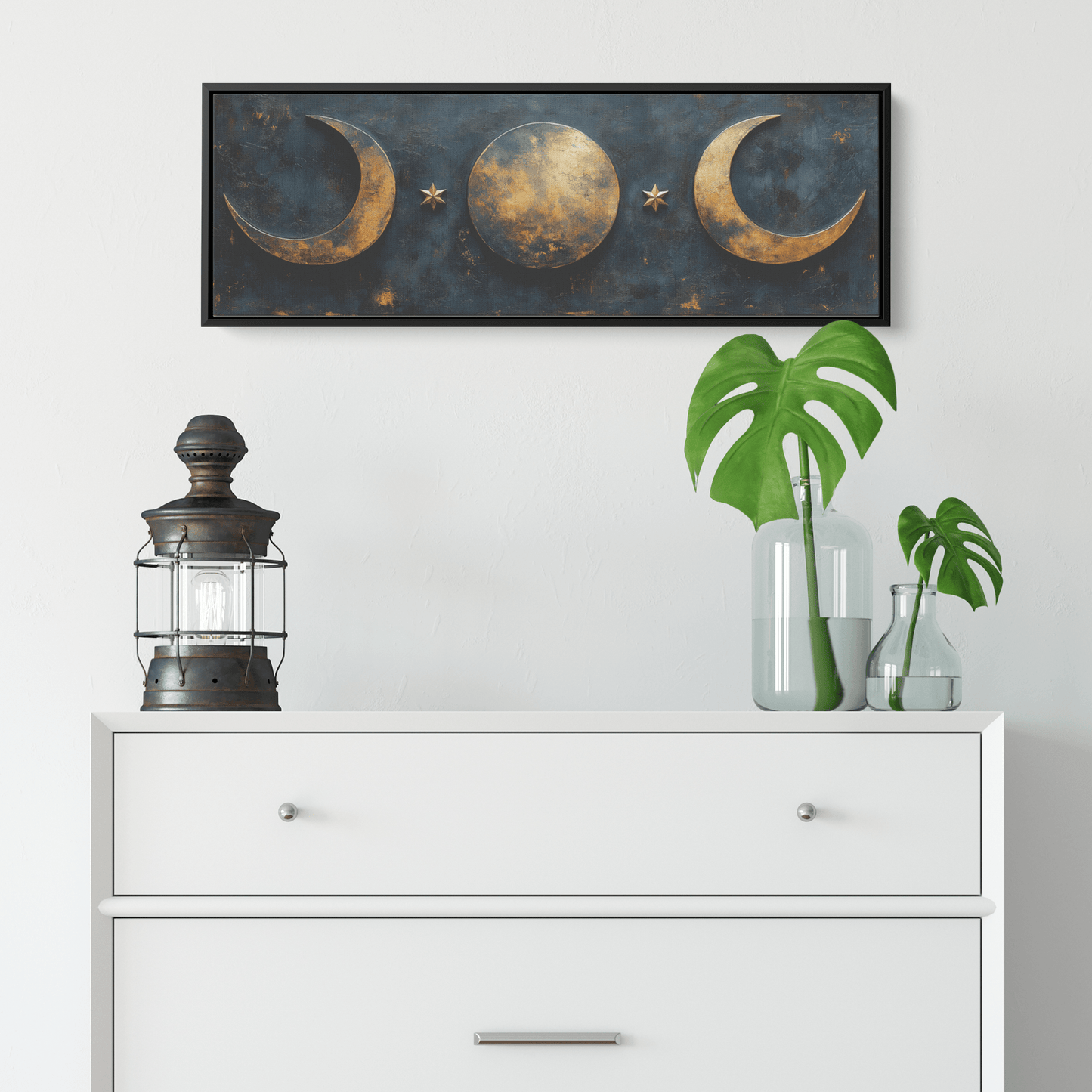 Bold Boho Inspired Composition Overlapping Crescent Moons Geometric Star Patterns Neutral Tones Ultra High Definition Refined Minimalism Panoramic Framed Canvas Wall Art - Awakening Righteousness
