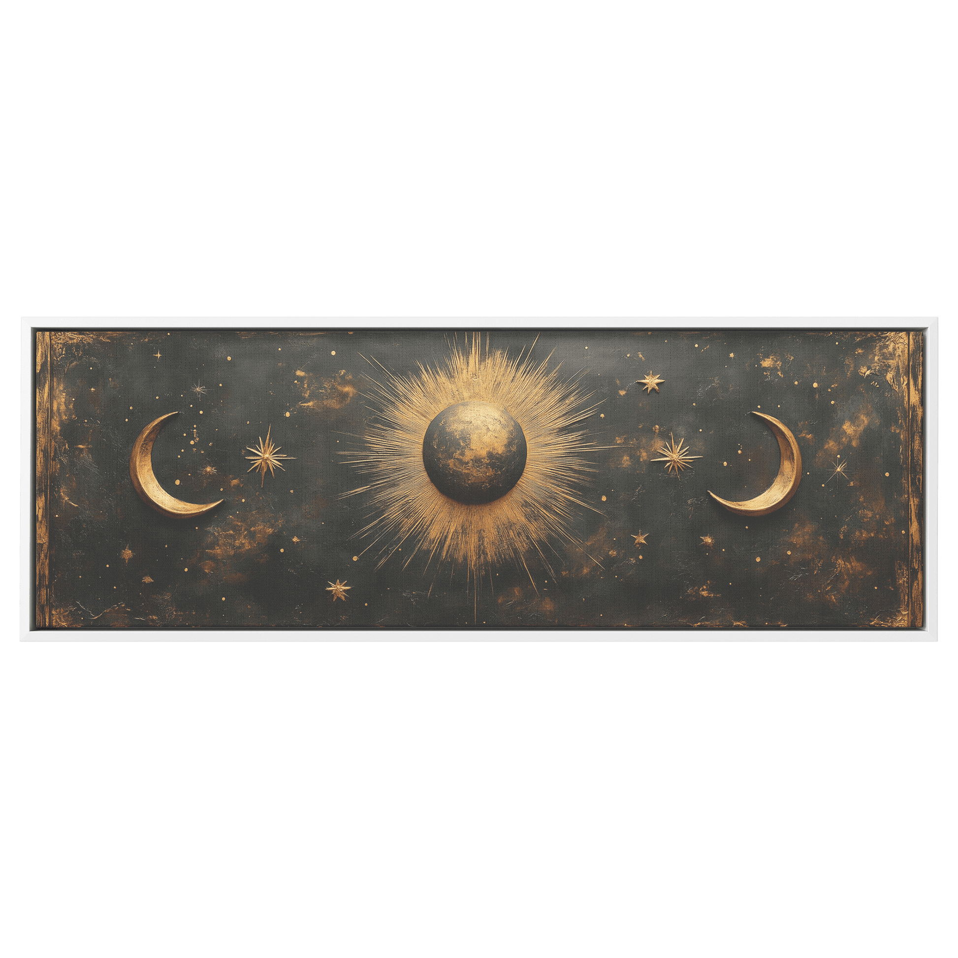 Bold Celestial Boho Pattern Crescent Moons Radiating Starbursts Earthy Mustard Beige Tones Ultra High Definition Refined Details Panoramic Framed Canvas Wall Art - Awakening Righteousness