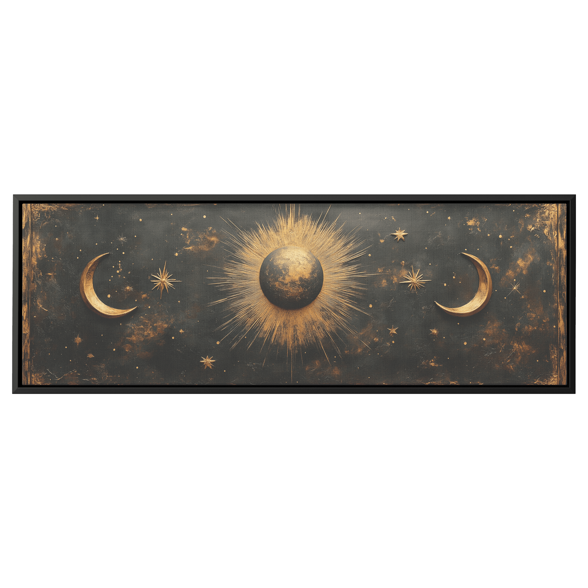 Bold Celestial Boho Pattern Crescent Moons Radiating Starbursts Earthy Mustard Beige Tones Ultra High Definition Refined Details Panoramic Framed Canvas Wall Art - Awakening Righteousness