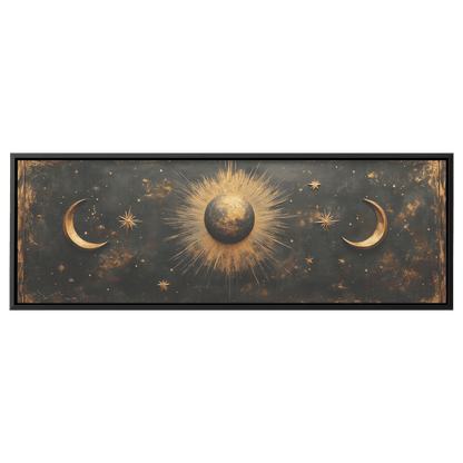 Bold Celestial Boho Pattern Crescent Moons Radiating Starbursts Earthy Mustard Beige Tones Ultra High Definition Refined Details Panoramic Framed Canvas Wall Art - Awakening Righteousness