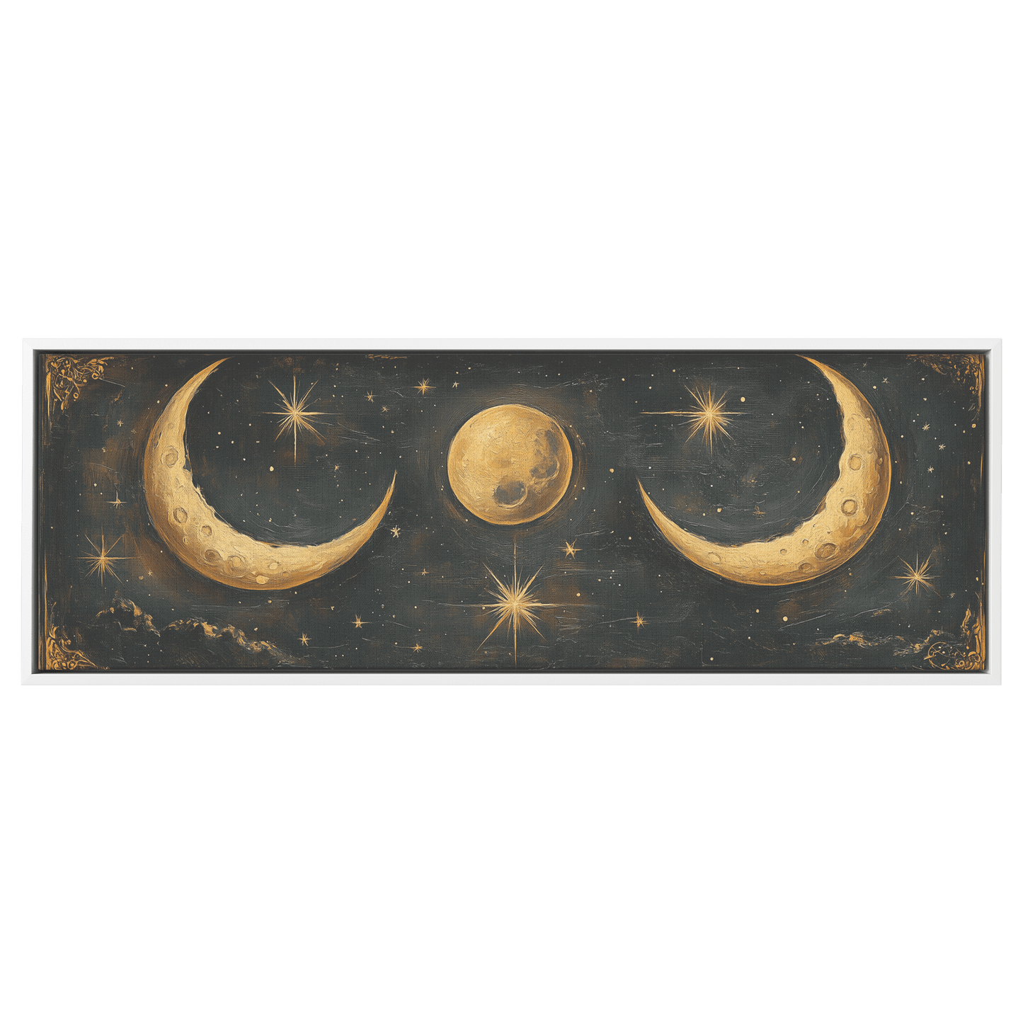 Bold Celestial Boho Pattern Crescent Moons Radiating Starbursts Earthy Mustard Beige Tones Ultra High Definition Refined Details Panoramic Framed Canvas Wall Art - Awakening Righteousness