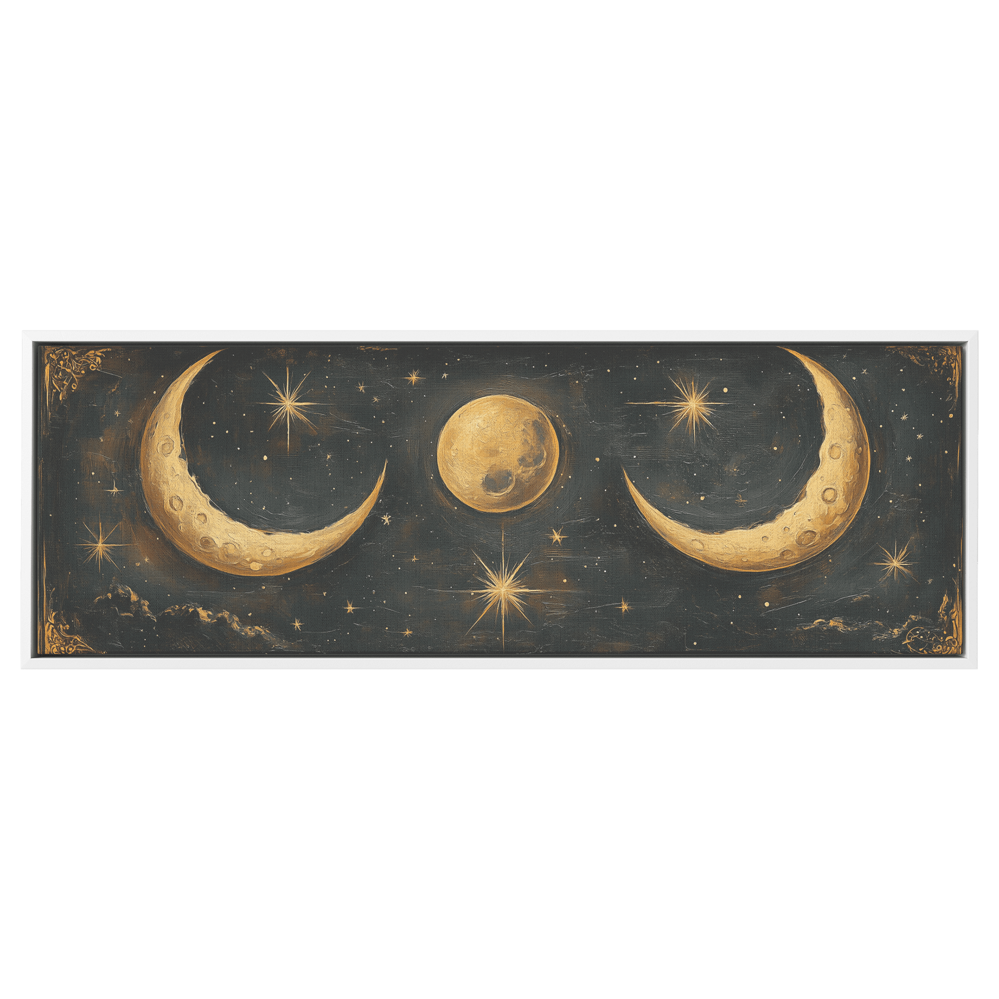 Bold Celestial Boho Pattern Crescent Moons Radiating Starbursts Earthy Mustard Beige Tones Ultra High Definition Refined Details Panoramic Framed Canvas Wall Art - Awakening Righteousness