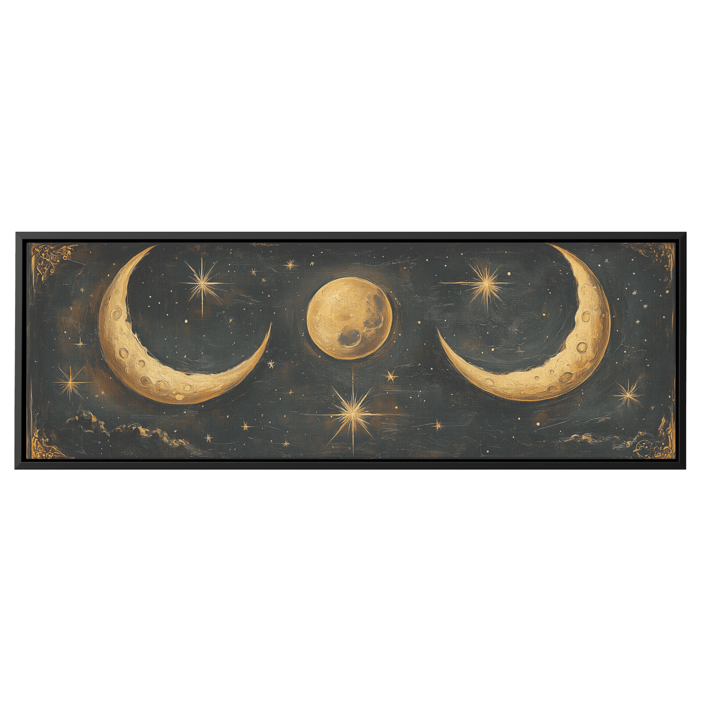 Bold Celestial Boho Pattern Crescent Moons Radiating Starbursts Earthy Mustard Beige Tones Ultra High Definition Refined Details Panoramic Framed Canvas Wall Art - Awakening Righteousness