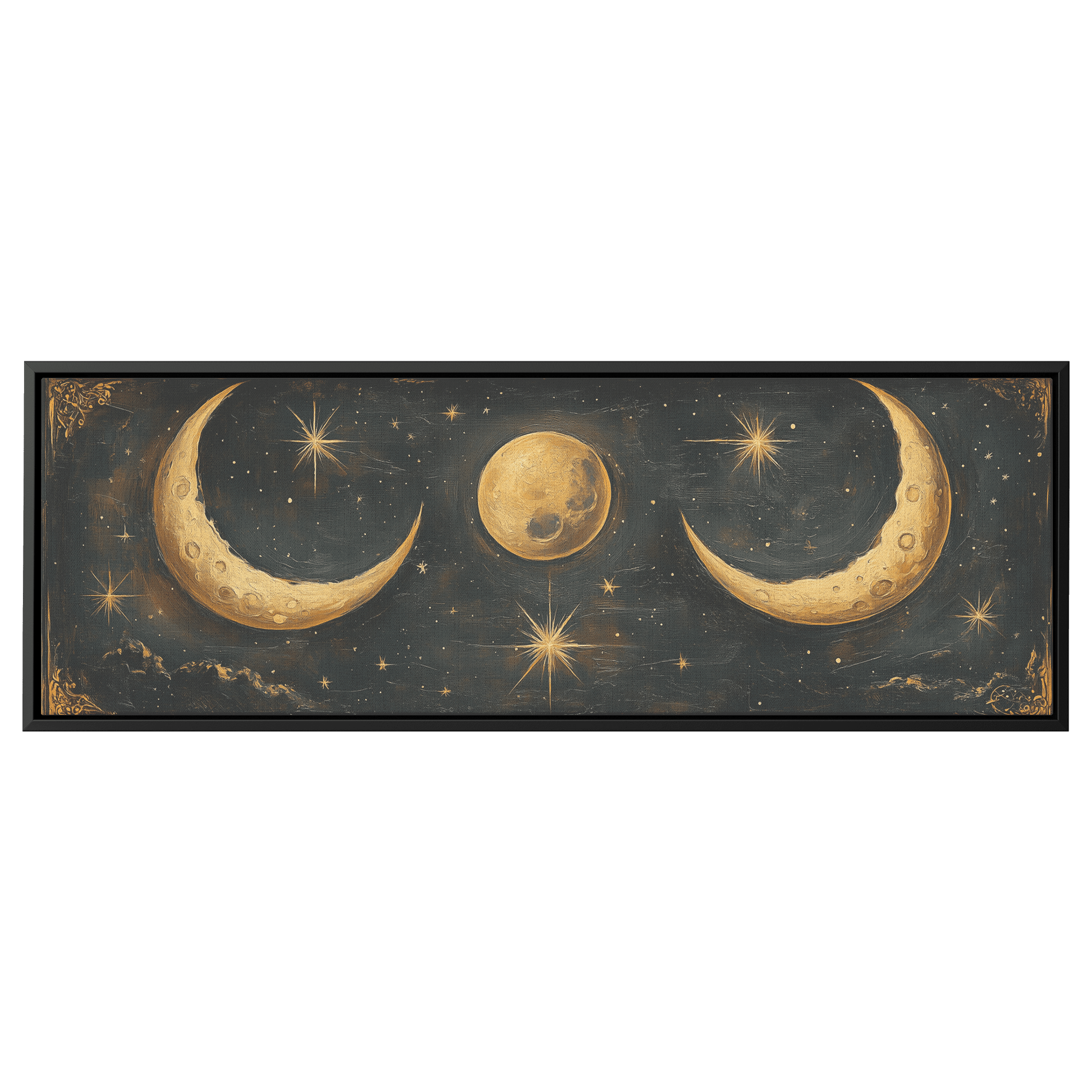 Bold Celestial Boho Pattern Crescent Moons Radiating Starbursts Earthy Mustard Beige Tones Ultra High Definition Refined Details Panoramic Framed Canvas Wall Art - Awakening Righteousness
