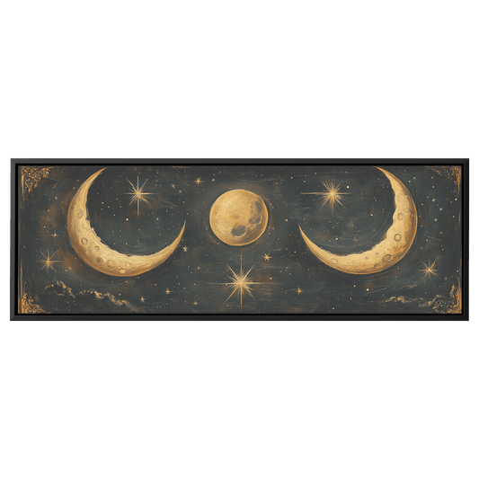 Bold Celestial Boho Pattern Crescent Moons Radiating Starbursts Earthy Mustard Beige Tones Ultra High Definition Refined Details Panoramic Framed Canvas Wall Art - Awakening Righteousness