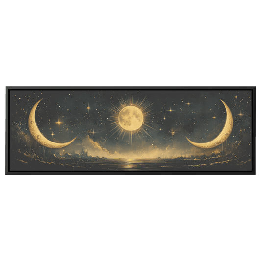 Bold Celestial Boho Pattern Crescent Moons Radiating Starbursts Earthy Mustard Beige Tones Ultra High Definition Refined Details Panoramic Framed Canvas Wall Art - Awakening Righteousness