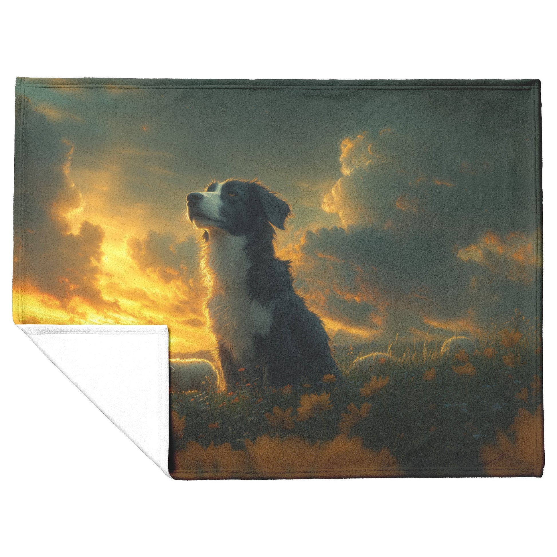 Border Collie Standing in Glowing Green Meadow Surrounded by Grazing Sheep Fleece Sherpa Blanket - Awakening Righteousness