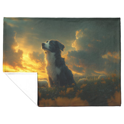 Border Collie Standing in Glowing Green Meadow Surrounded by Grazing Sheep Fleece Sherpa Blanket - Awakening Righteousness