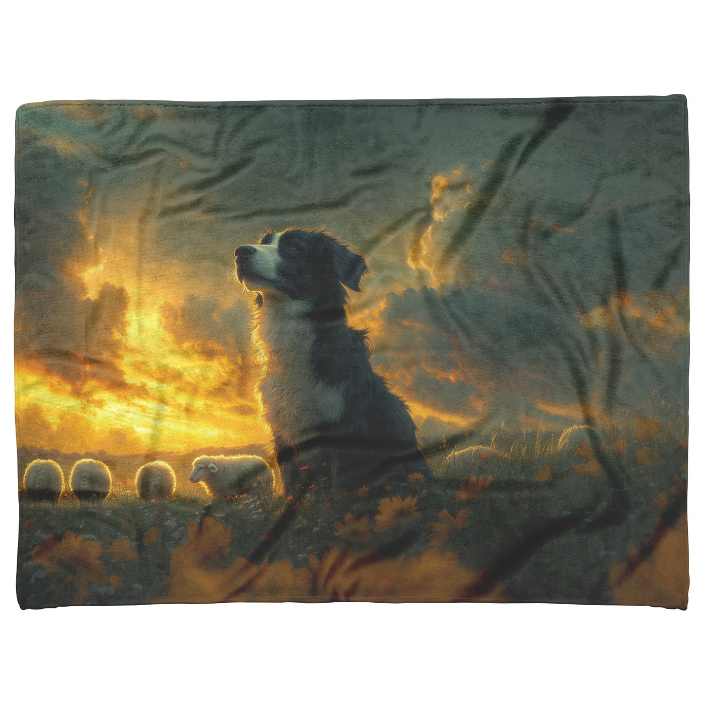 Border Collie Standing in Glowing Green Meadow Surrounded by Grazing Sheep Fleece Sherpa Blanket - Awakening Righteousness