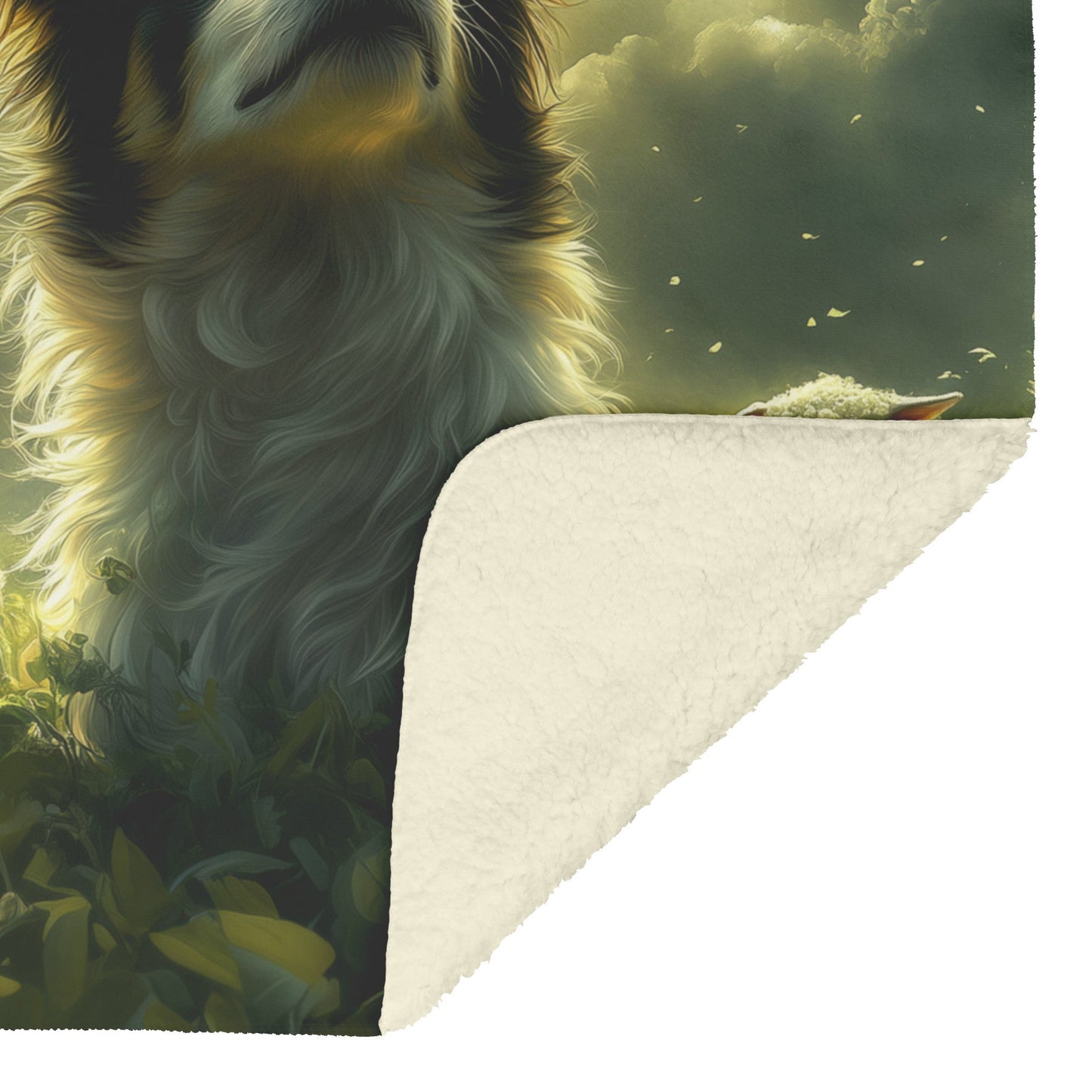 Border Collie Standing in Glowing Green Meadow Surrounded by Grazing Sheep Natural Details Fleece Sherpa Blanket - Awakening Righteousness