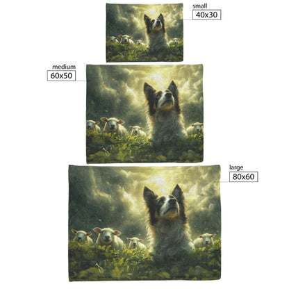 Border Collie Standing in Glowing Green Meadow Surrounded by Grazing Sheep Natural Details Fleece Sherpa Blanket - Awakening Righteousness