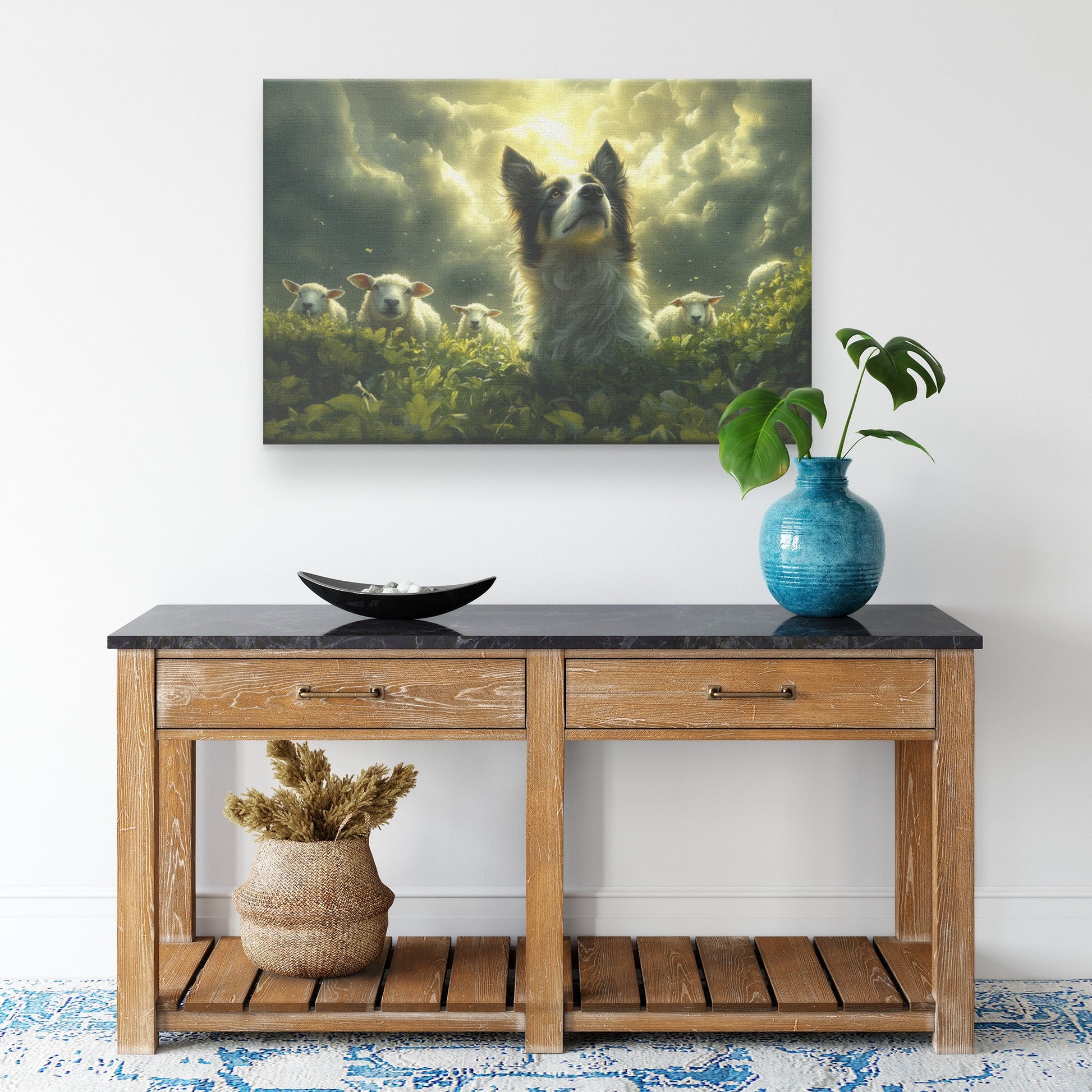 Border Collie Wall Art in Glowing Green Meadow with Sheep Rustic Countryside Decor Perfect for Nature Lovers - Awakening Righteousness