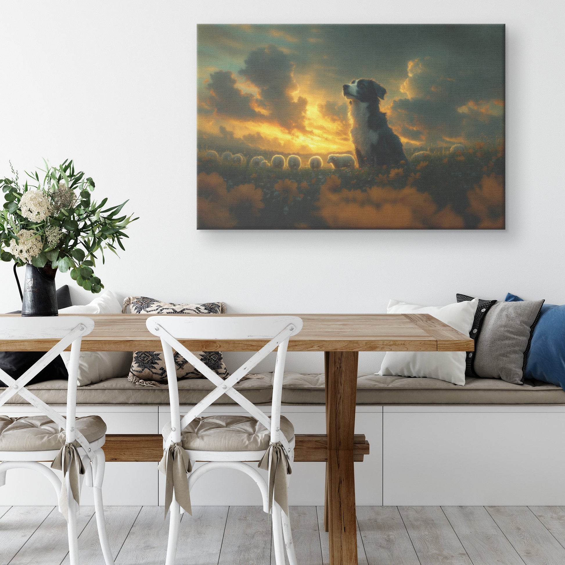 Border Collie Wall Art in Glowing Green Meadow with Sheep Rustic Countryside Decor Perfect for Nature Lovers - Awakening Righteousness