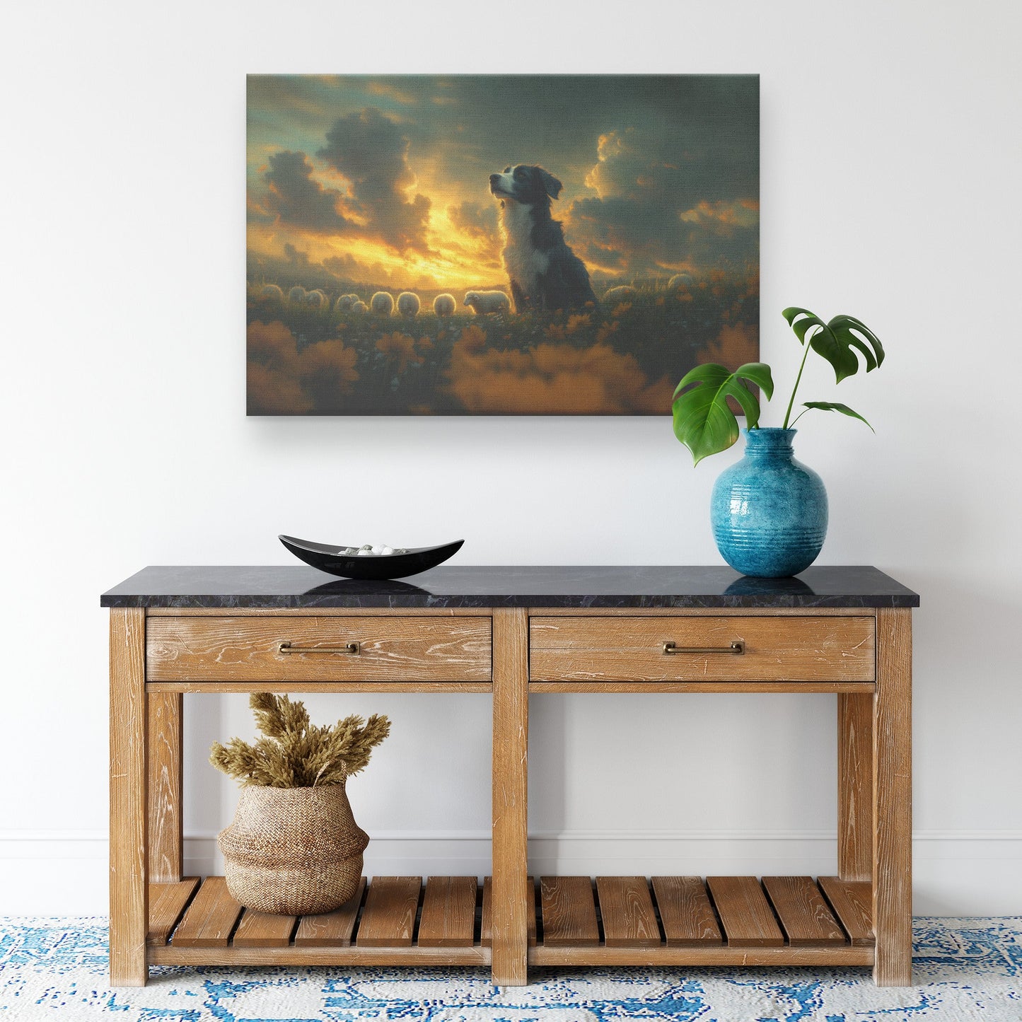 Border Collie Wall Art in Glowing Green Meadow with Sheep Rustic Countryside Decor Perfect for Nature Lovers - Awakening Righteousness
