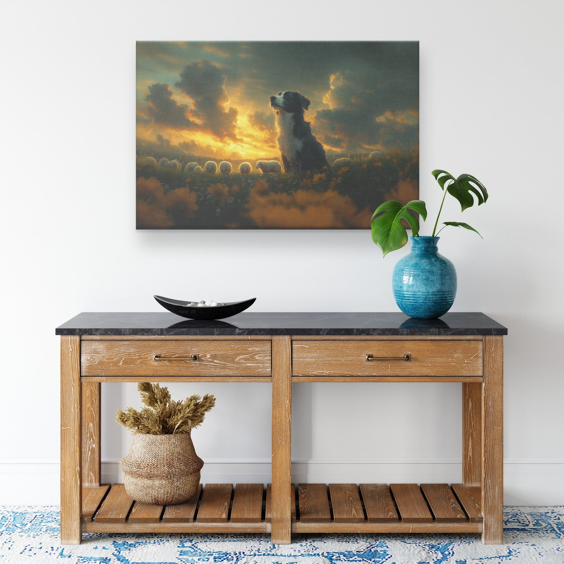 Border Collie Wall Art in Glowing Green Meadow with Sheep Rustic Countryside Decor Perfect for Nature Lovers - Awakening Righteousness