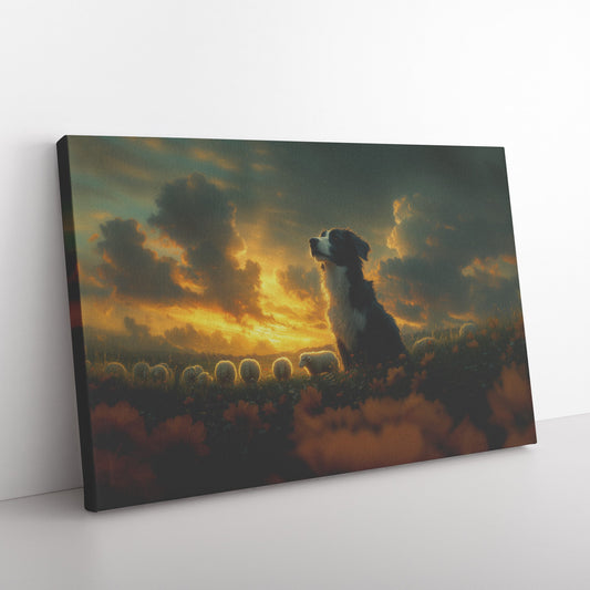 Border Collie Wall Art in Glowing Green Meadow with Sheep Rustic Countryside Decor Perfect for Nature Lovers - Awakening Righteousness