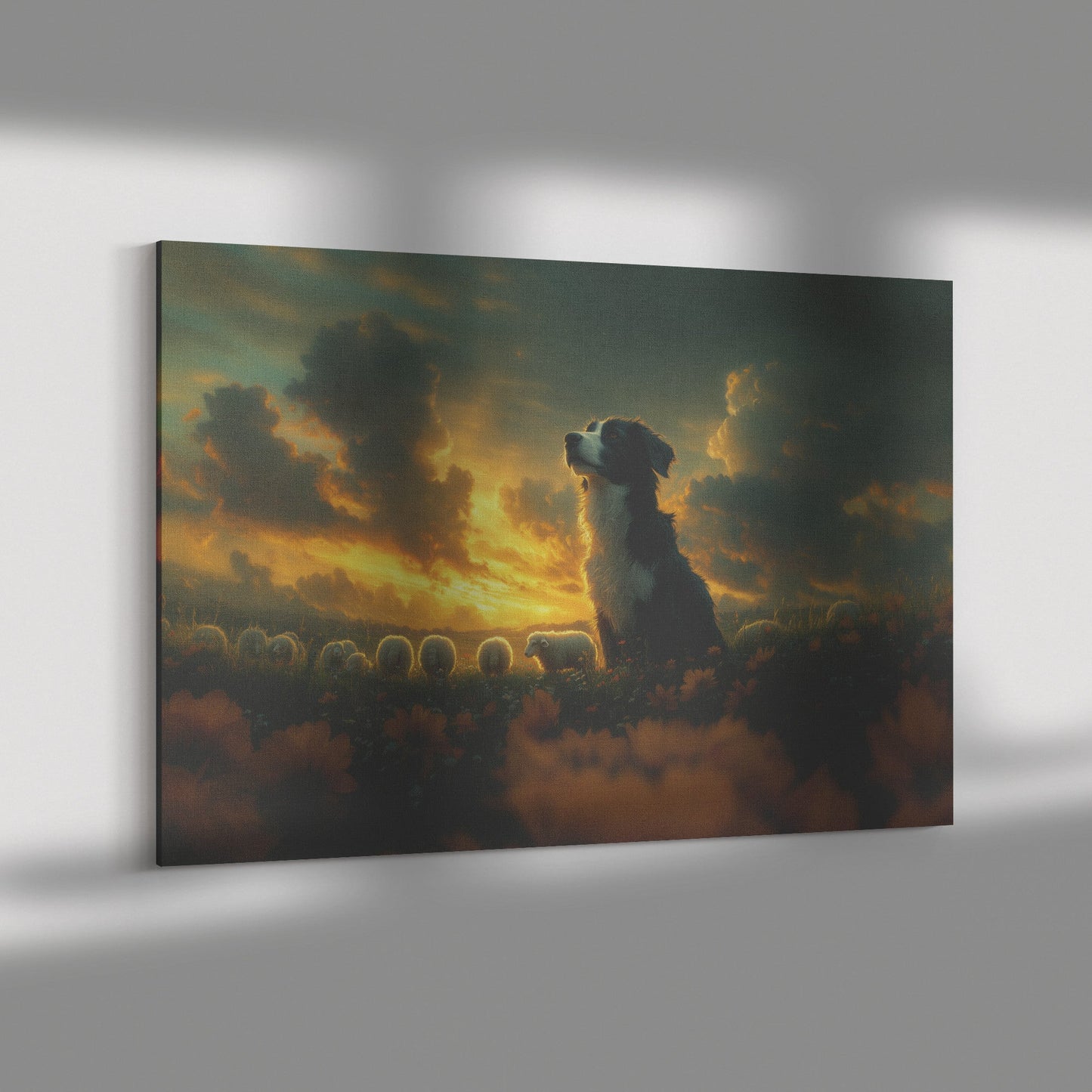 Border Collie Wall Art in Glowing Green Meadow with Sheep Rustic Countryside Decor Perfect for Nature Lovers - Awakening Righteousness