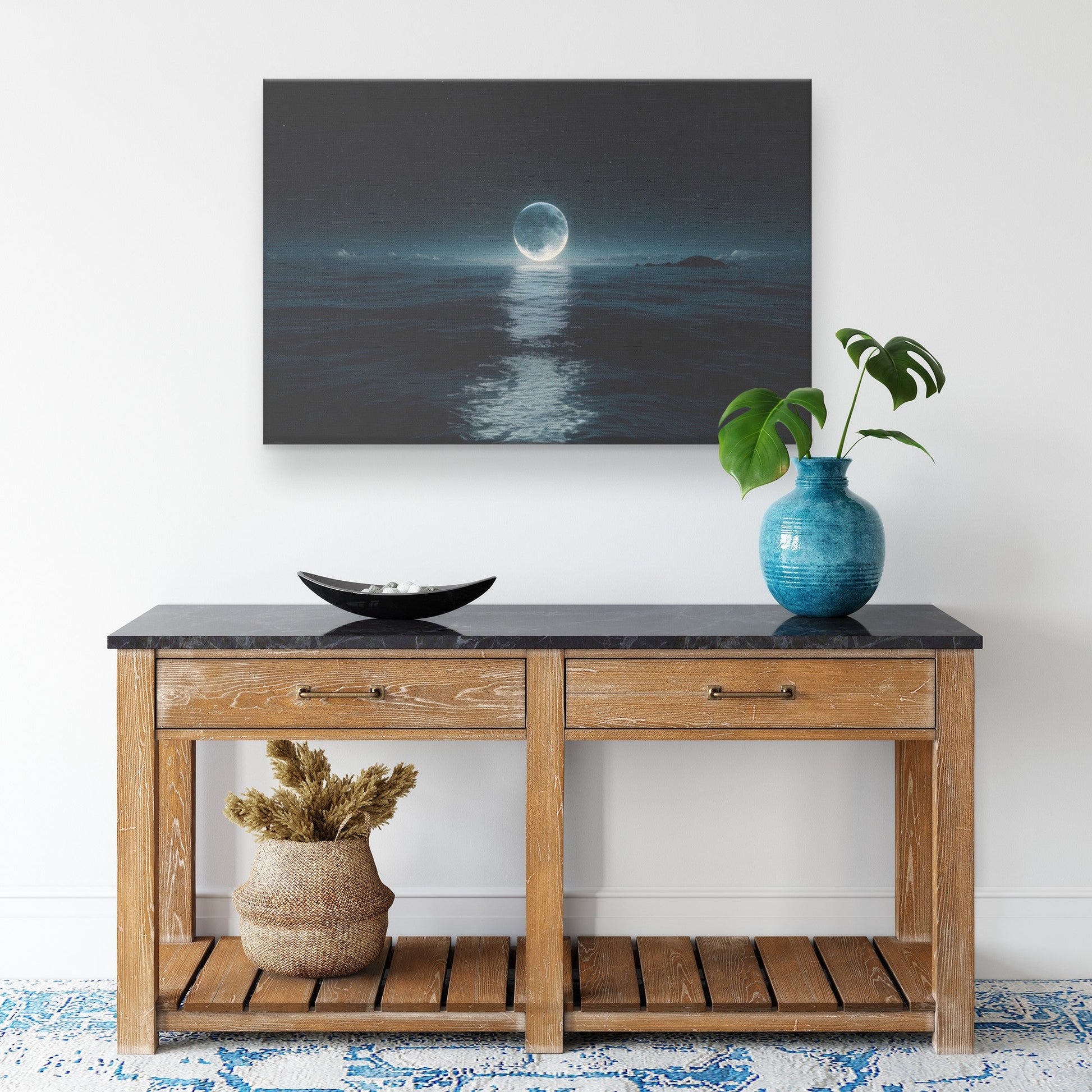 Breathtaking Night Ocean Scene with Crescent Moon, Star Reflections, and Glowing Waves on Deep Blue Canvas Wall Art - Awakening Righteousness