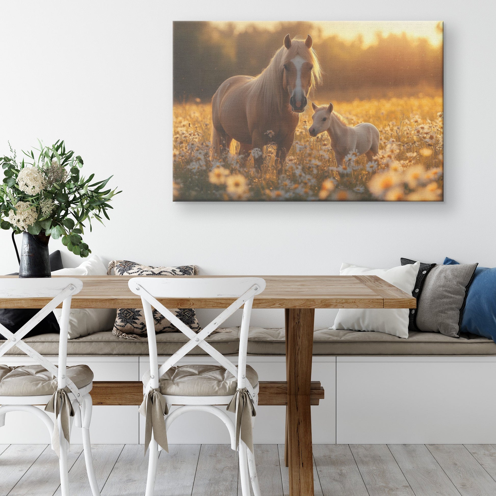 Brown Mare and Foal Canvas Wall Art Decor Grazing in Wildflower Meadow Under Soft Golden Sunlight with Hyperrealistic Textures - Awakening Righteousness