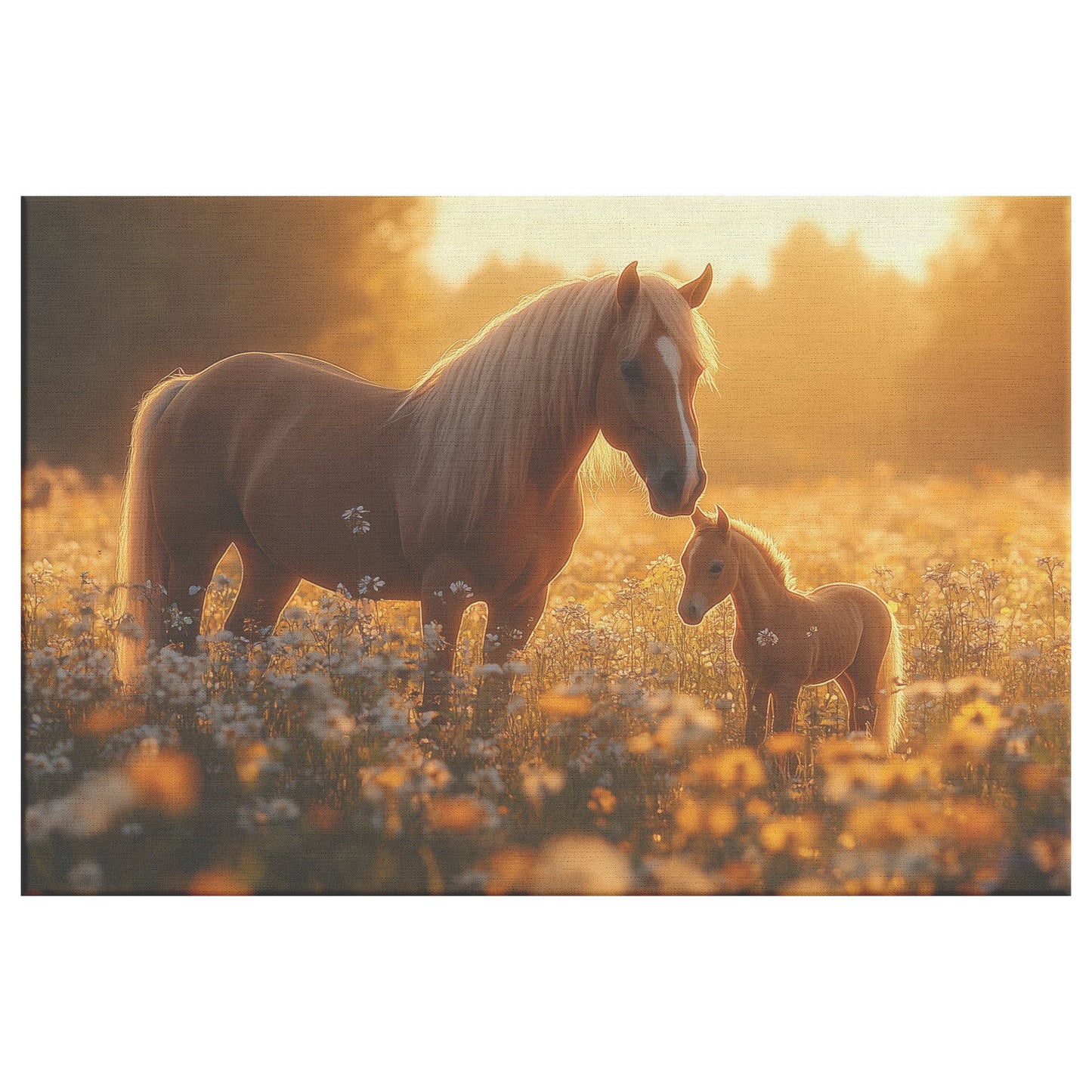 Brown Mare and Foal Canvas Wall Art Decor Grazing in Wildflower Meadow Under Soft Golden Sunlight with Hyperrealistic Textures - Awakening Righteousness