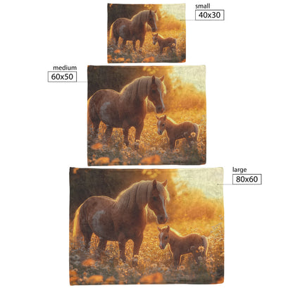 Brown Mare and Foal Grazing in Wildflower Meadow Under Soft Golden Sunlight Fleece Sherpa Blanket - Awakening Righteousness