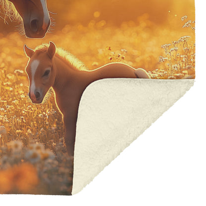 Brown Mare and Foal Grazing in Wildflower Meadow Under Soft Golden Sunlight Fleece Sherpa Blanket - Awakening Righteousness
