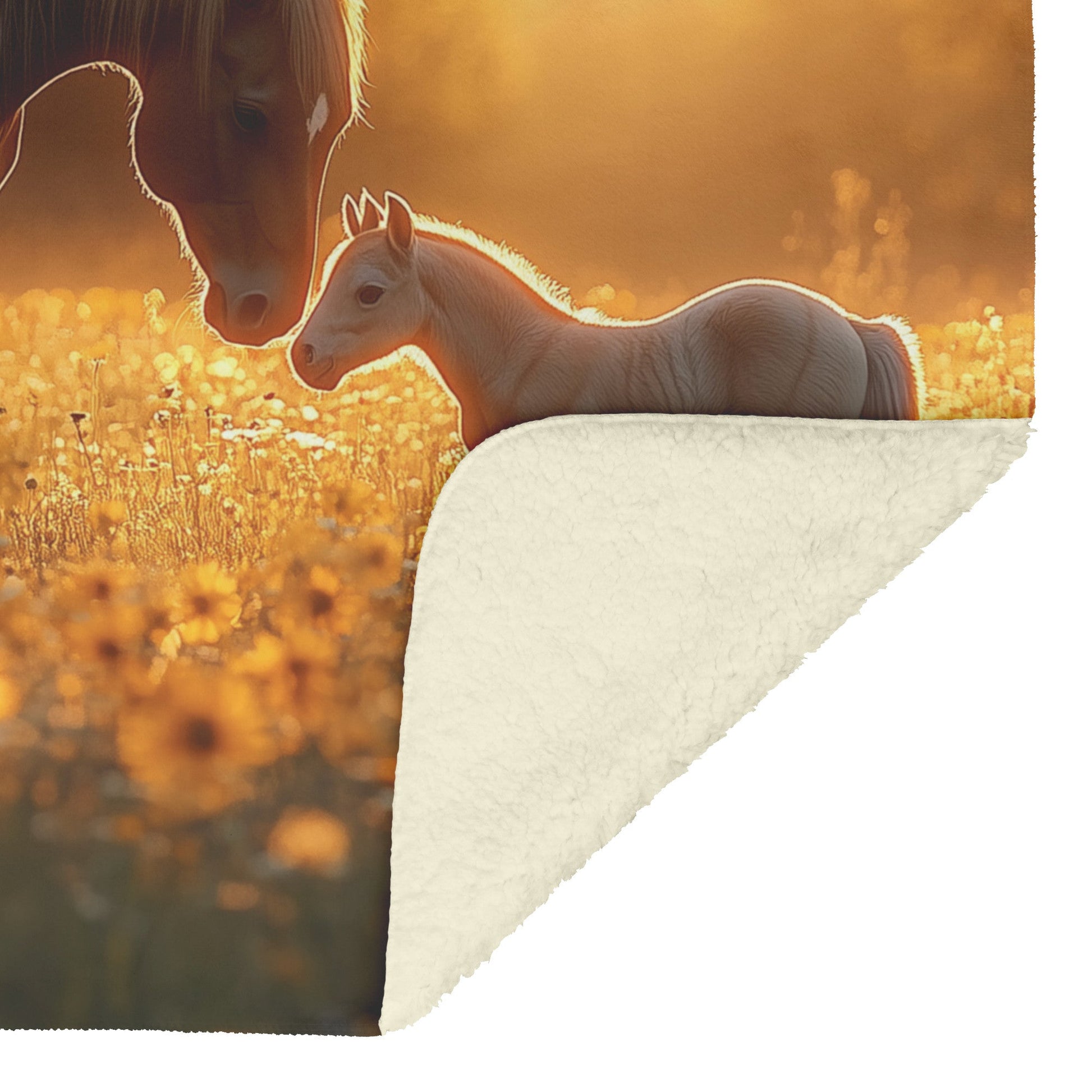 Brown Mare and Foal Grazing in Wildflower Meadow Under Soft Golden Sunlight Fleece Sherpa Blanket - Awakening Righteousness