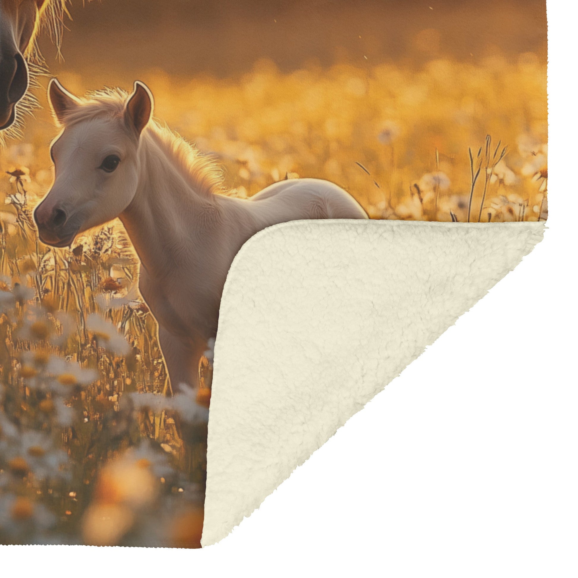 Brown Mare and Foal Grazing in Wildflower Meadow Under Soft Golden Sunlight Fleece Sherpa Blanket - Awakening Righteousness