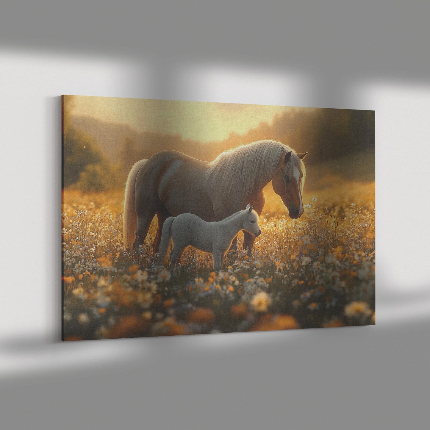 Brown Mare and Foal Grazing Peacefully in Meadow Surrounded by Wildflowers Under Soft Golden Sunlight Canvas Wall Art Decor - Awakening Righteousness