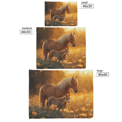 Brown Mare and Foal Grazing Peacefully in Wildflower Meadow Under Soft Golden Sunlight Cozy Fleece Sherpa Blanket - Awakening Righteousness