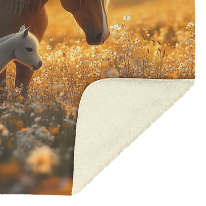 Brown Mare and Foal Grazing Peacefully in Wildflower Meadow Under Soft Golden Sunlight Cozy Fleece Sherpa Blanket - Awakening Righteousness