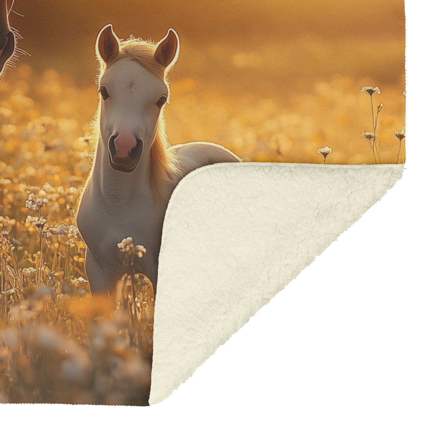 Brown Mare and Foal Grazing Peacefully in Wildflower Meadow Under Soft Golden Sunlight Cozy Fleece Sherpa Blanket - Awakening Righteousness
