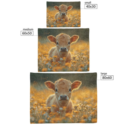 Calf in Blooming Wildflower Field Sherpa Fleece Blanket Glowing Morning Mist Serene Vibrant Natural Scene - Awakening Righteousness