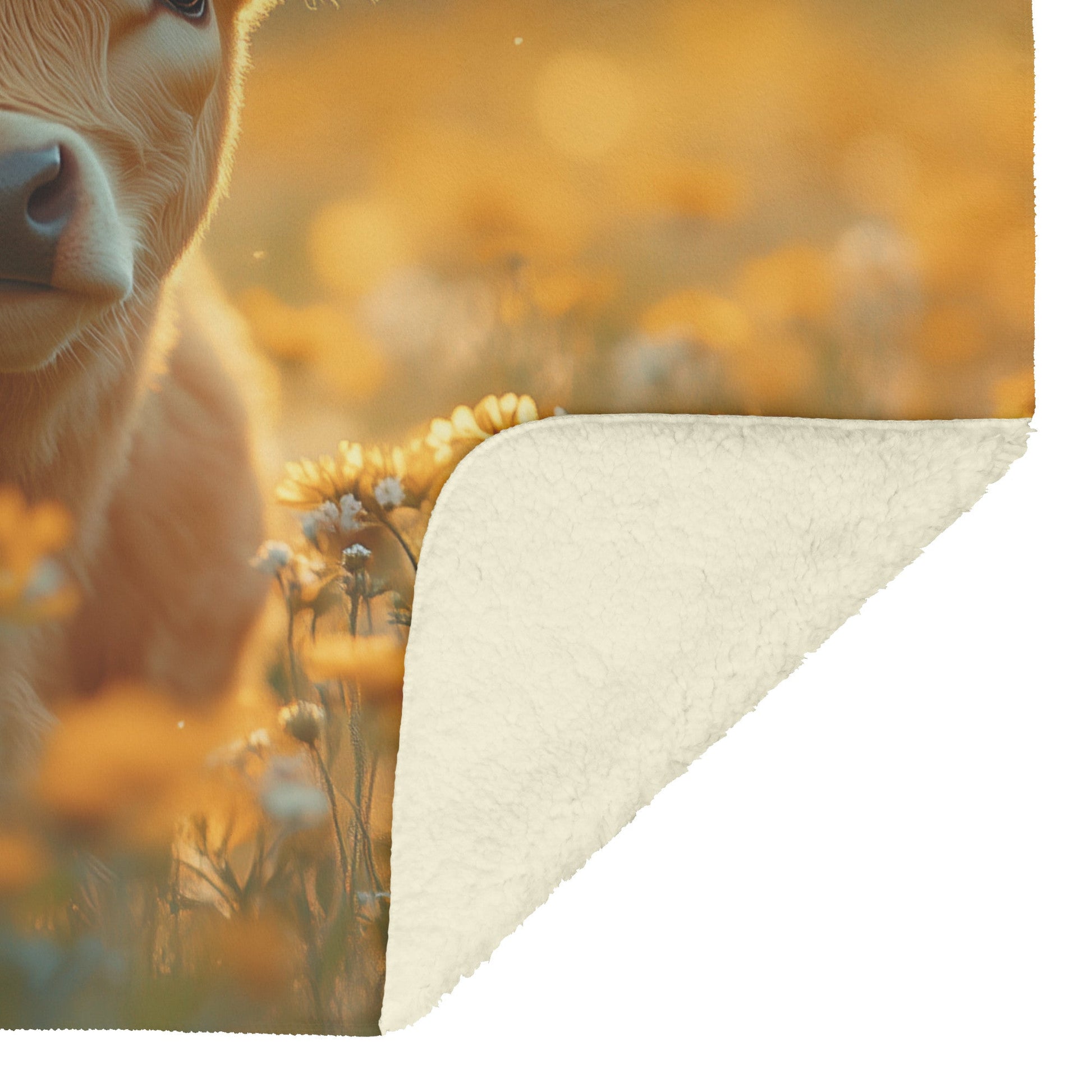 Calf in Blooming Wildflower Field Sherpa Fleece Blanket Glowing Morning Mist Serene Vibrant Natural Scene - Awakening Righteousness